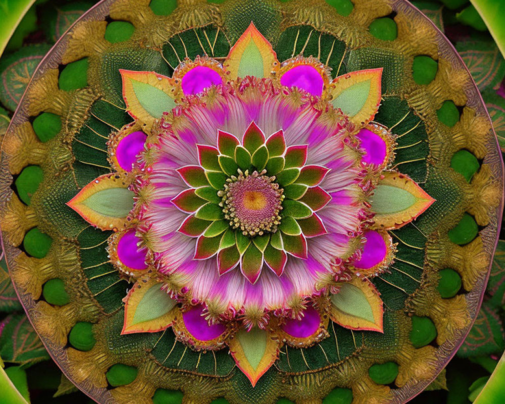 Colorful Fractal Image with Green, Pink, & Gold Floral Patterns