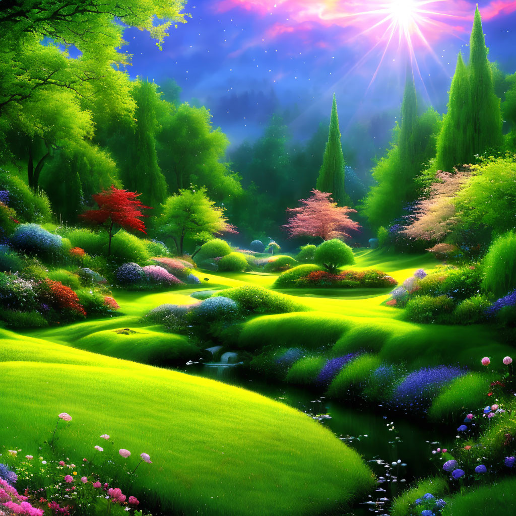 Lush garden with trees, stream, flowers under starry sky