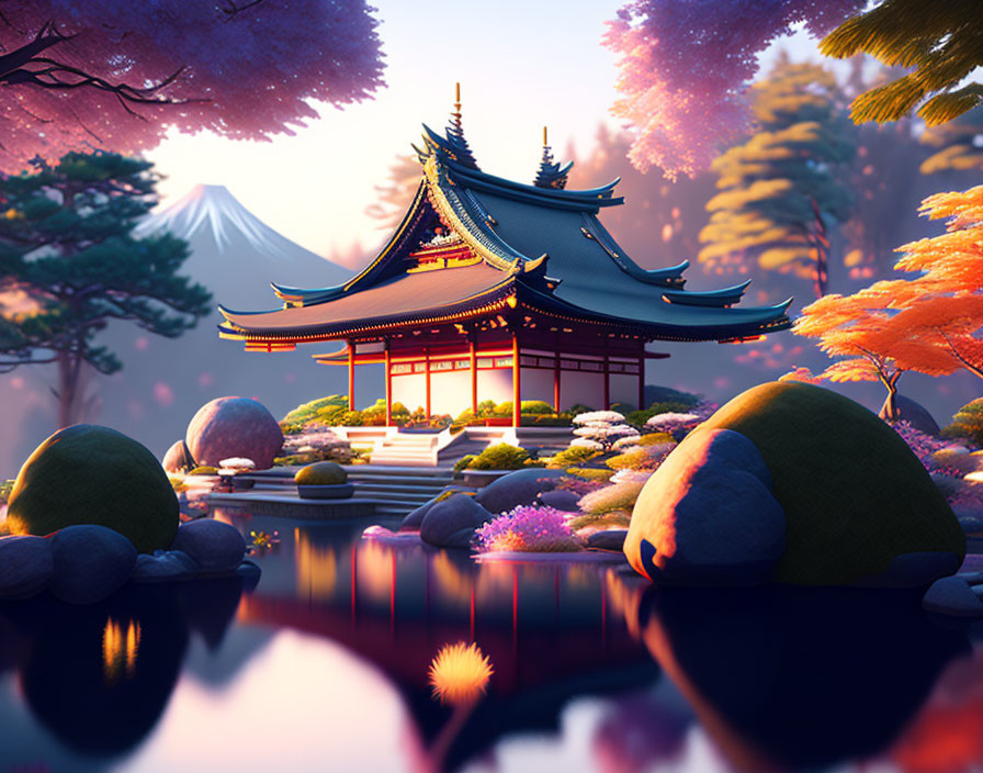 Traditional Japanese temple with autumn foliage and Mount Fuji in serene illustration