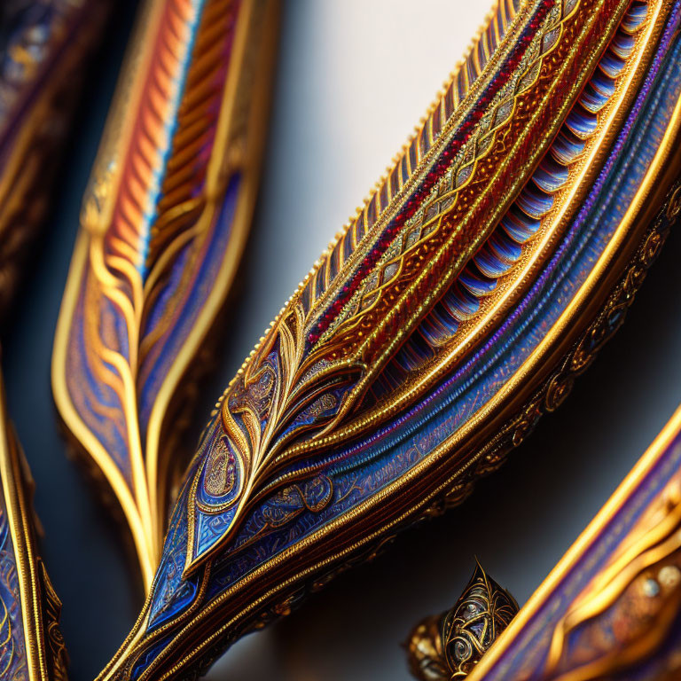 Detailed Gold and Blue Patterned Metalwork with Intricate Design