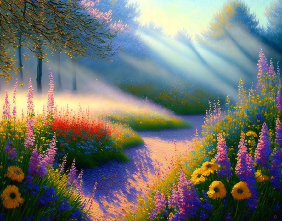 Colorful Floral Path Painting with Sunlight Beams