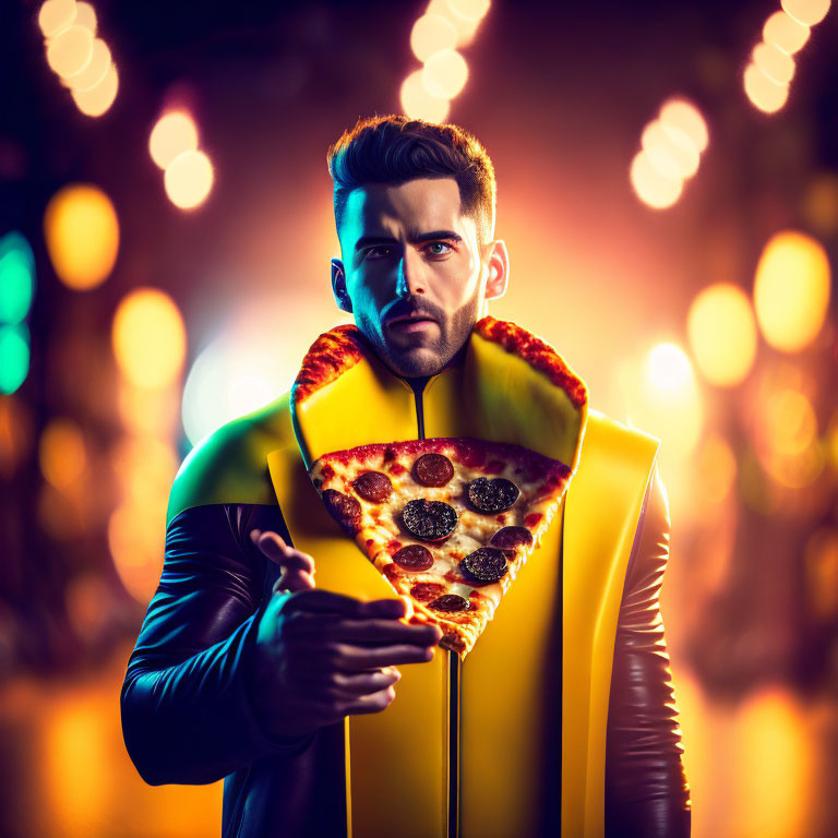 Fashionable man in leather jacket offering pizza slice under colorful bokeh lights