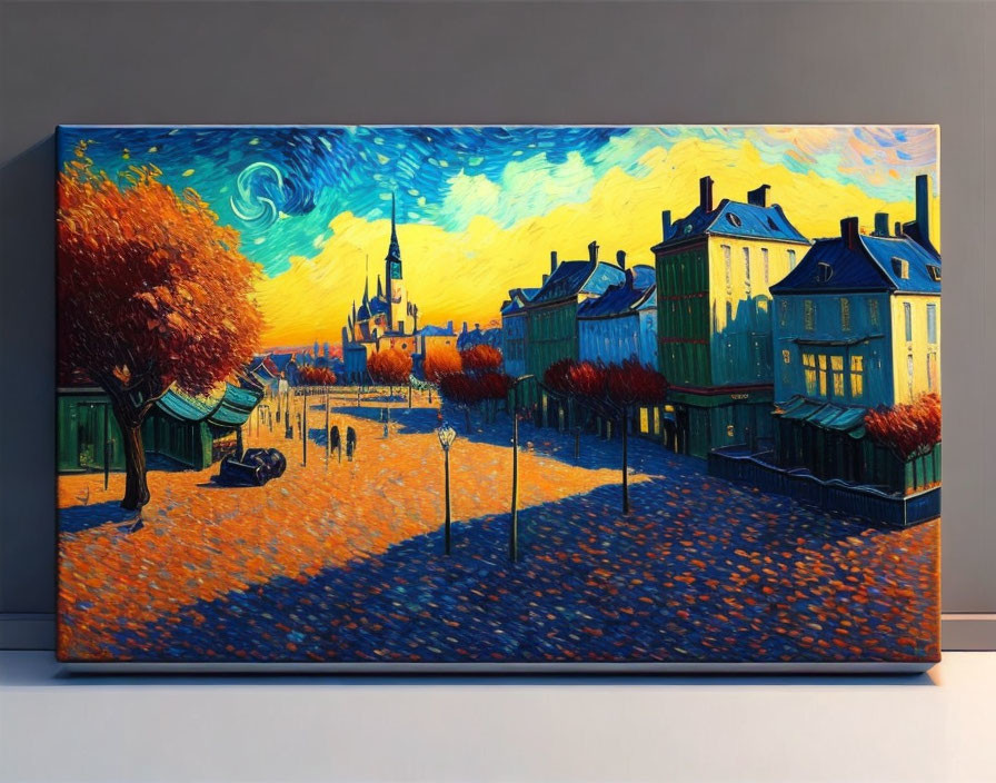 Colorful street scene painting with swirling skies and long shadows