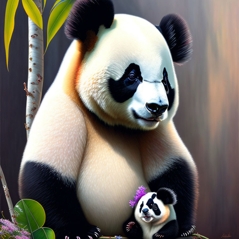 Illustration of Giant Panda and Cub Against Dark Background