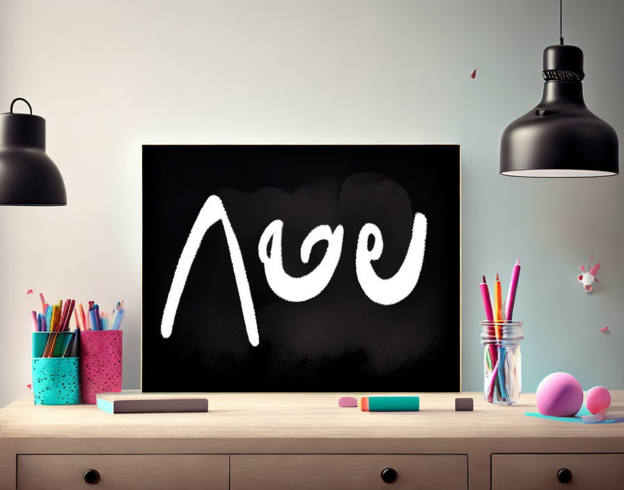 Chalkboard with "Love" word, desk setup with stationery and pink eggs.