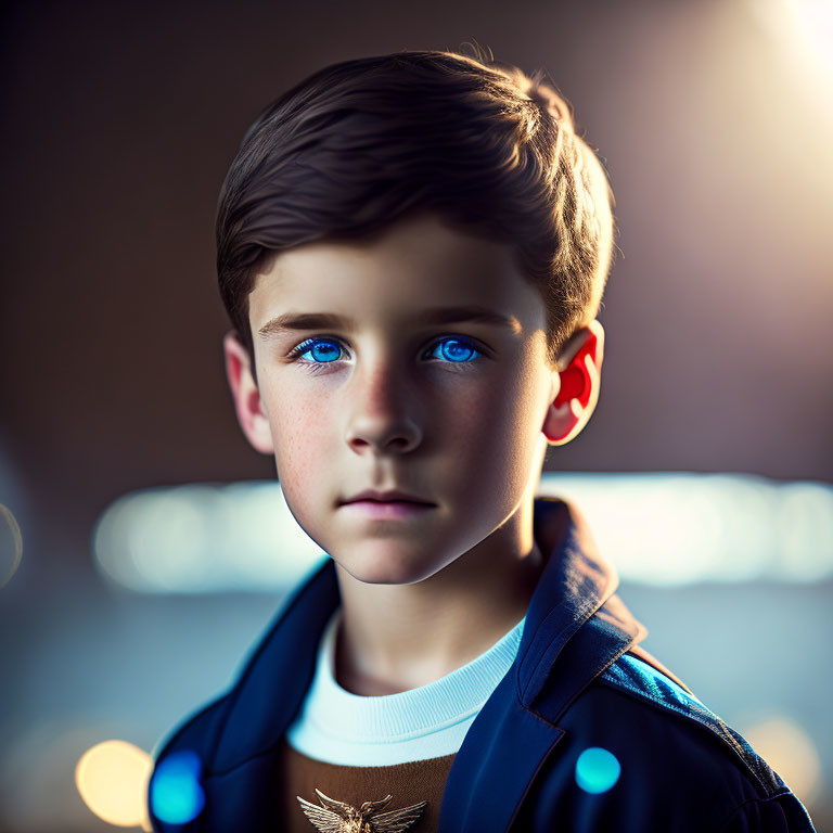 Young boy with blue eyes and brown hair in blue jacket with eagle emblem portrait.