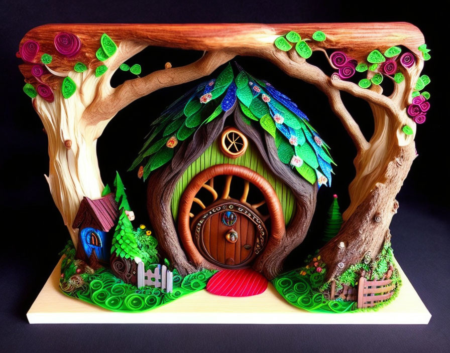 Vibrant fairy tale treehouse sculpture with colorful leaves and tiny houses