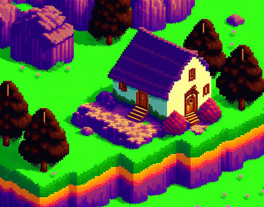 Colorful Pixel Art: Quaint Cottage with Purple Roof in Green Hills