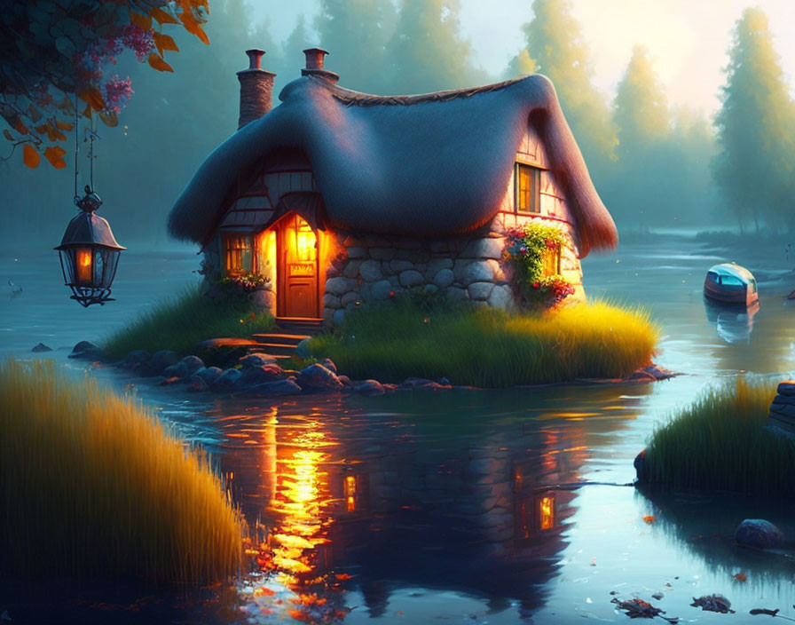 Thatched-Roof Cottage by Serene River at Dusk