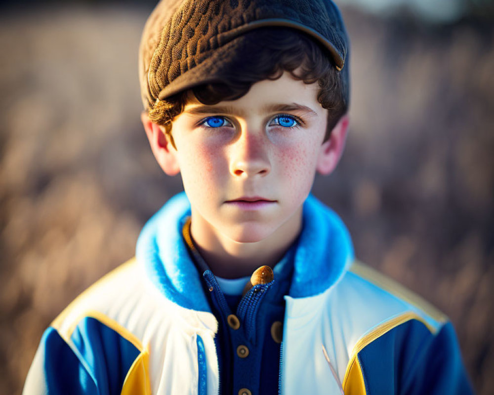 Young boy with blue eyes and freckles in cap and jacket outdoors.