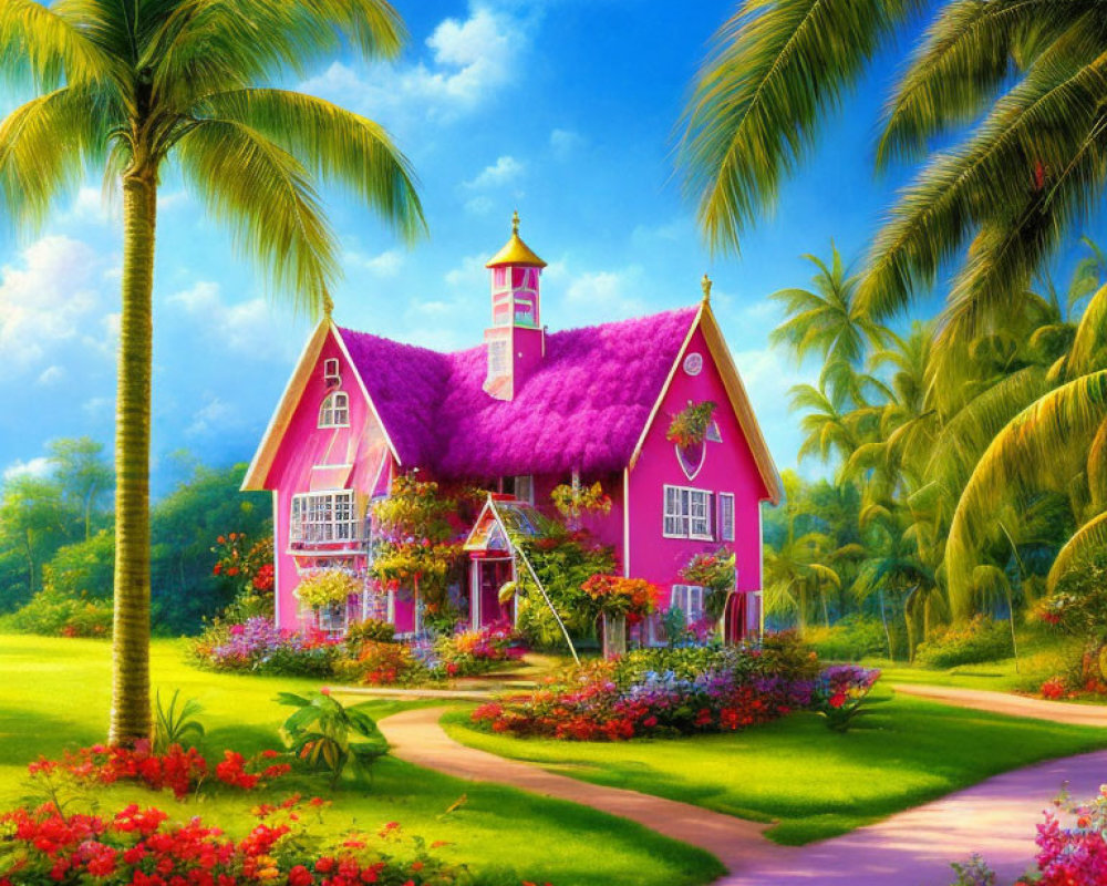 Whimsical pink cottage with red roof in lush greenery