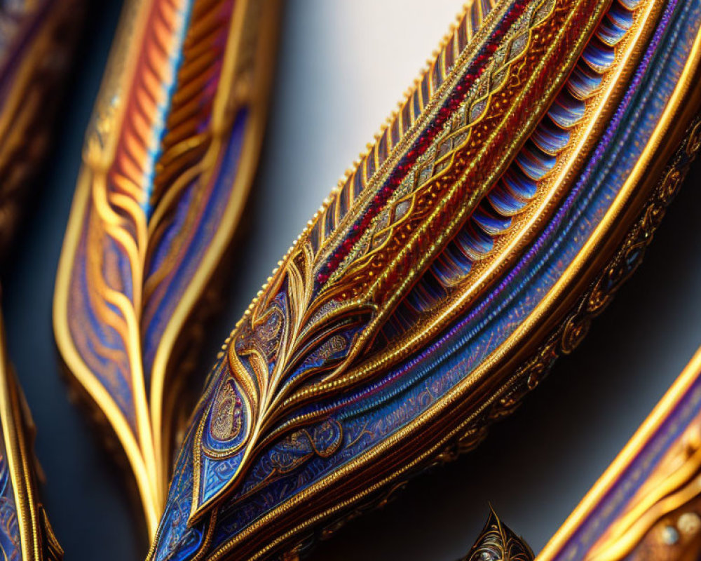 Detailed Gold and Blue Patterned Metalwork with Intricate Design