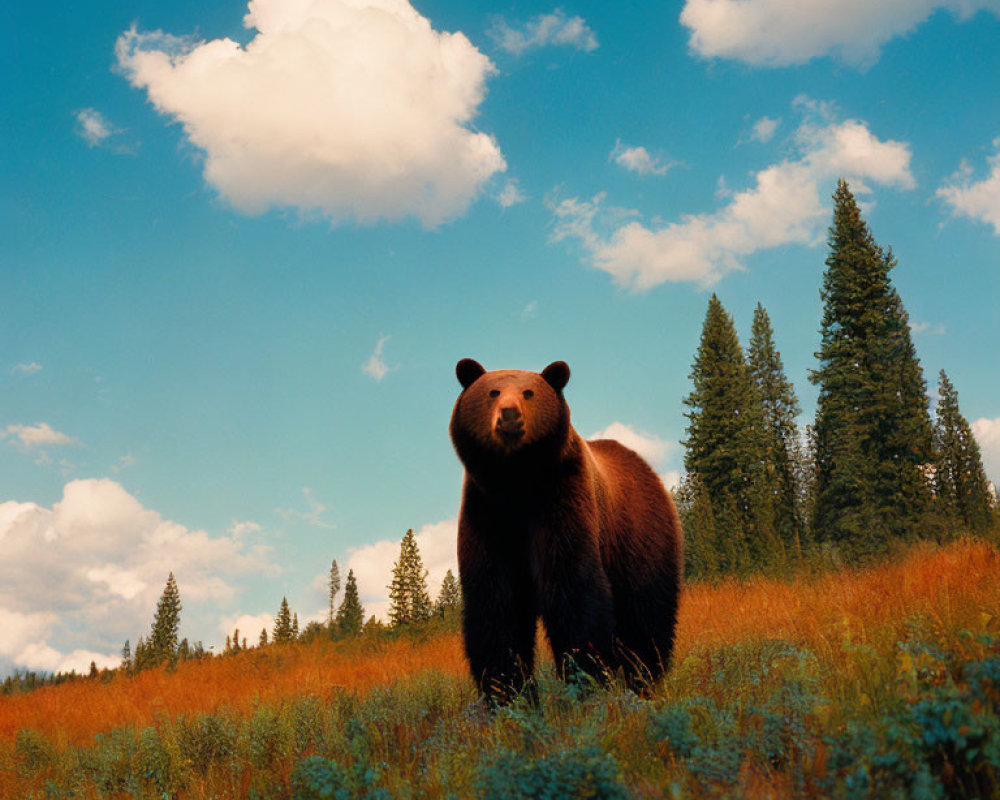 Brown bear in sunny meadow with green trees and fluffy clouds