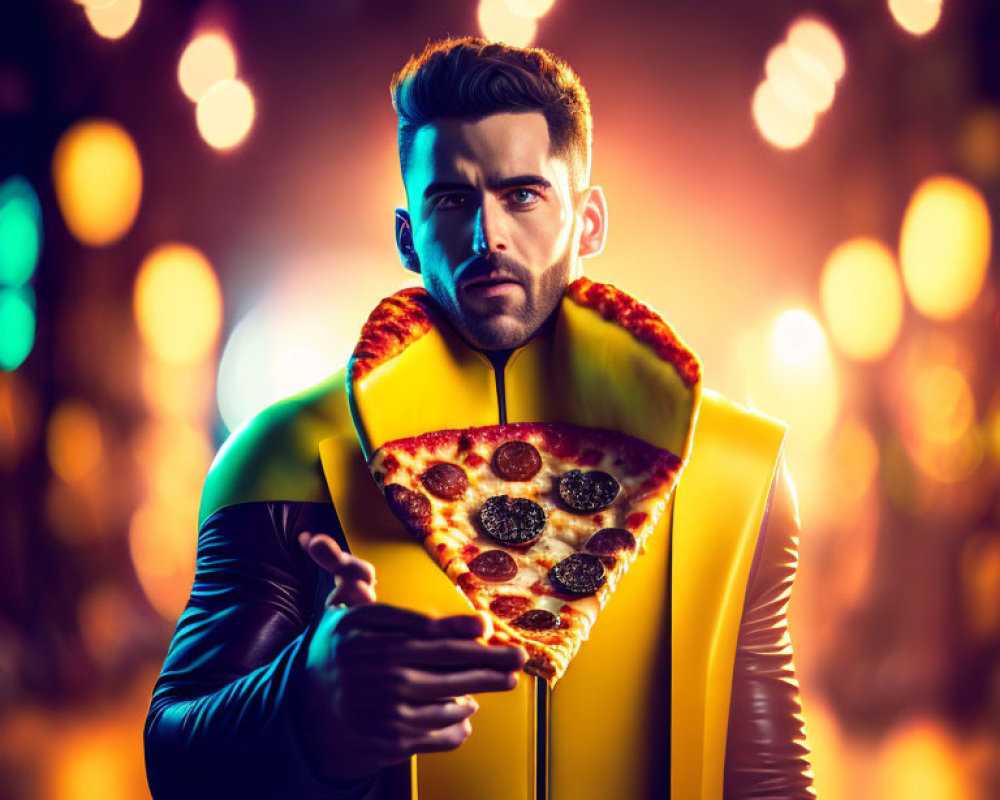 Fashionable man in leather jacket offering pizza slice under colorful bokeh lights