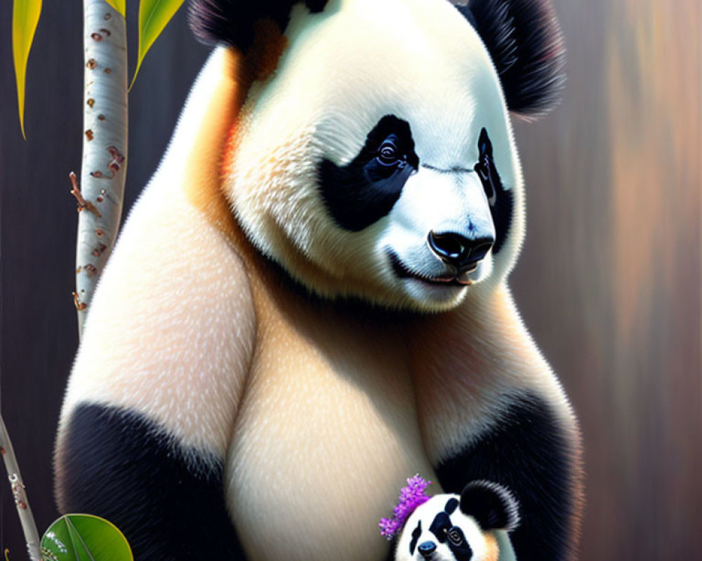 Illustration of Giant Panda and Cub Against Dark Background