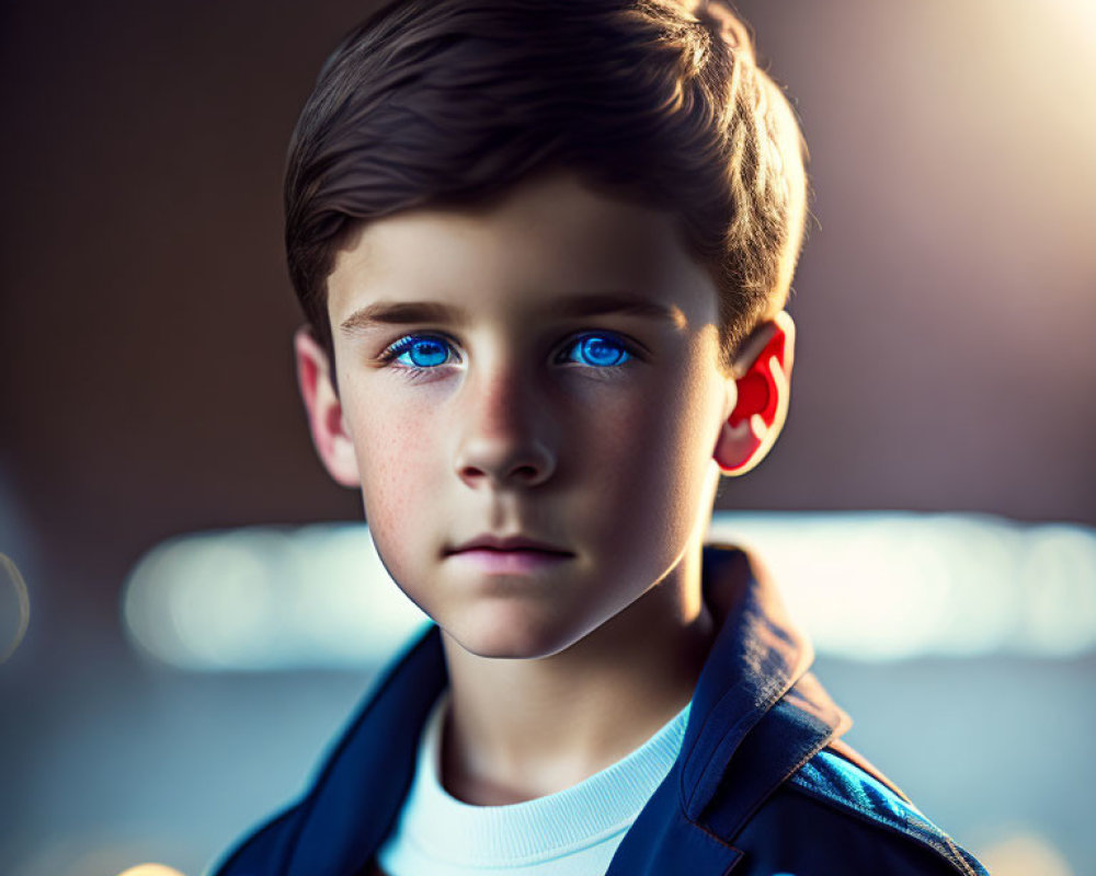 Young boy with blue eyes and brown hair in blue jacket with eagle emblem portrait.