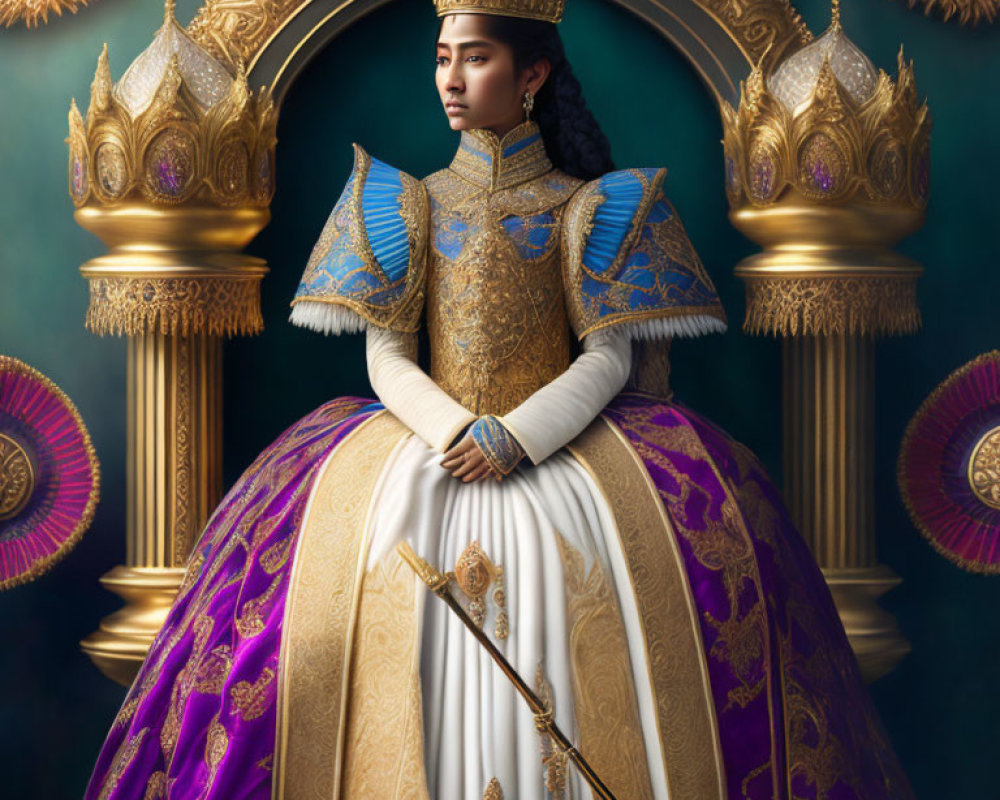 Regal person in gold and blue royal attire with scepter under opulent arch