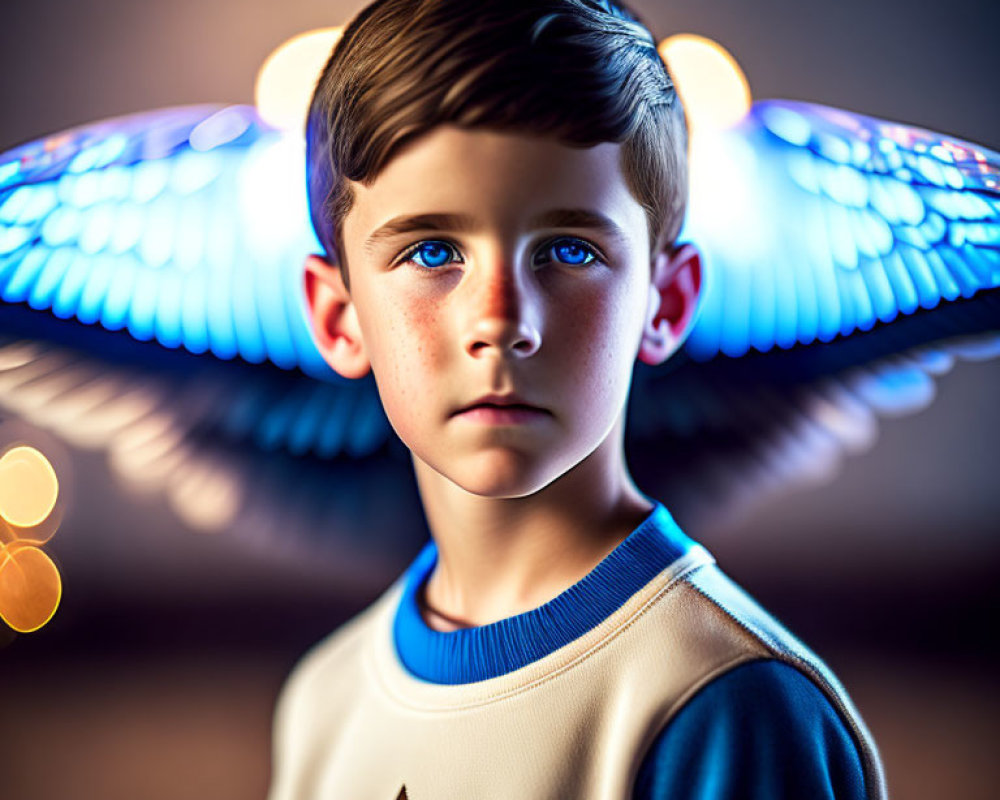 Young boy with bright blue eyes in white and blue shirt and butterfly-like wings.