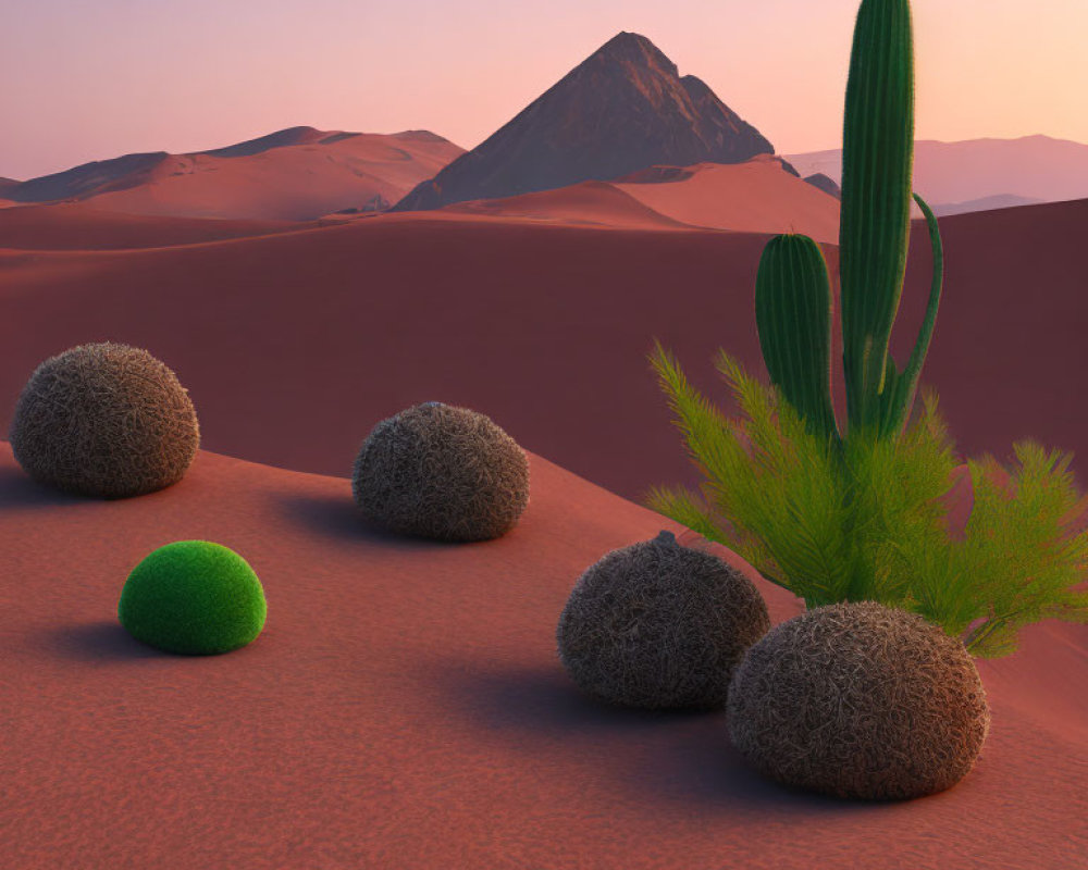 Twilight desert landscape with cactus, bushes, and mountain