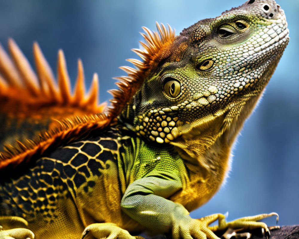 Colorful Iguana with Orange Spines and Green Scales on Branch