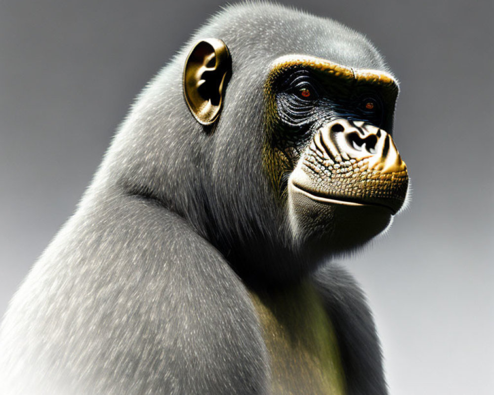 Detailed portrait of pensive gorilla with glossy black fur