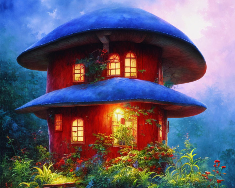 Vibrant red mushroom-shaped house in mystical forest setting