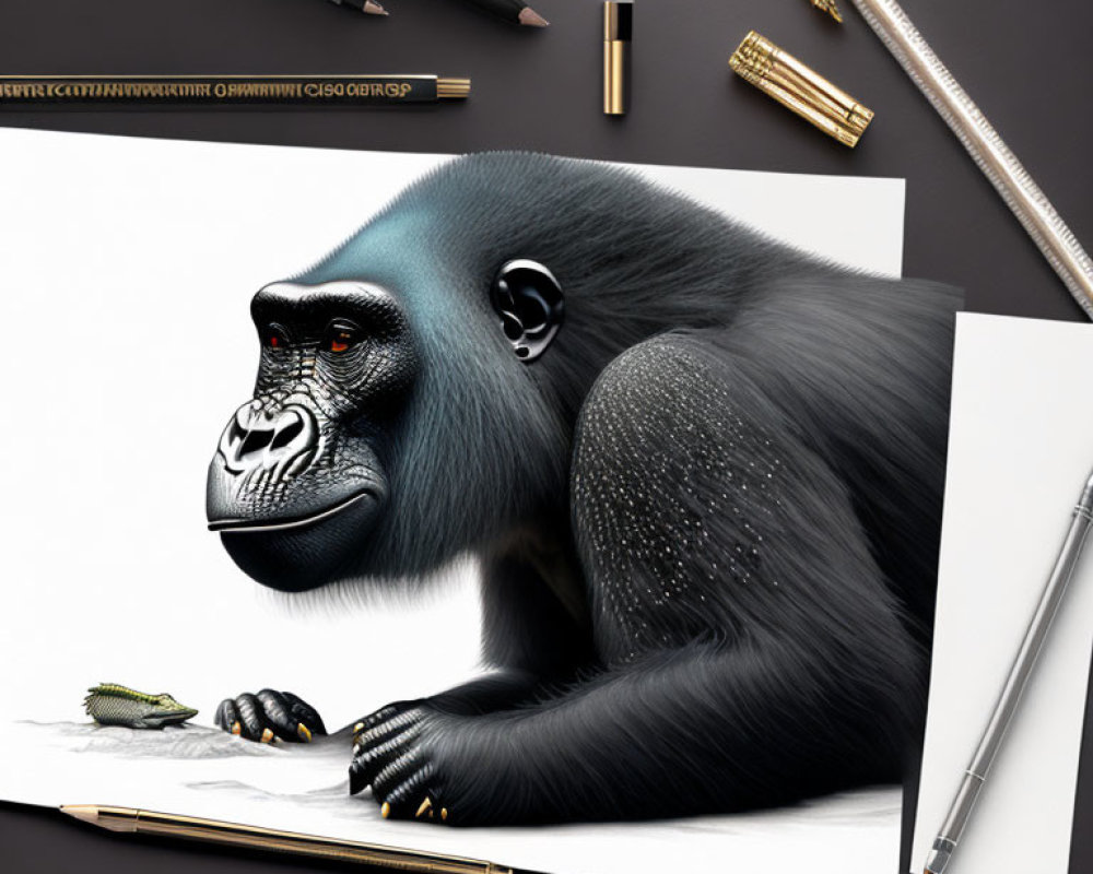 Realistic Drawing of Primate with Human-Like Hands and Drawing Equipment on Desk