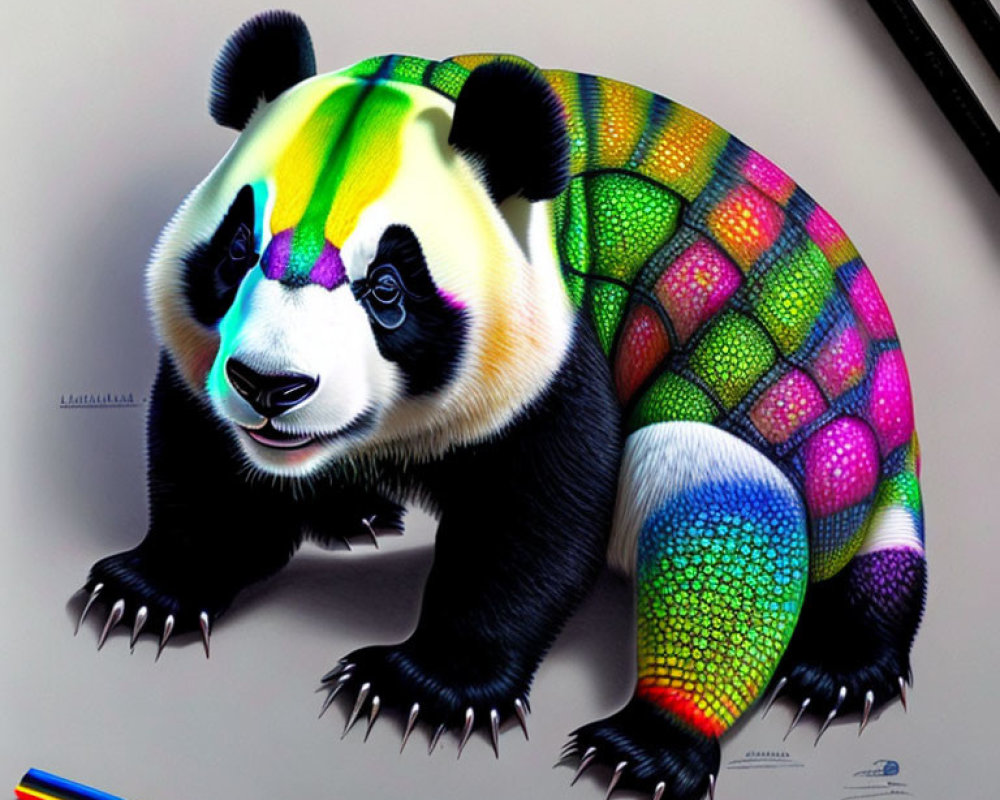 Colorful Panda Drawing with Geometric Pattern Beside Pencils