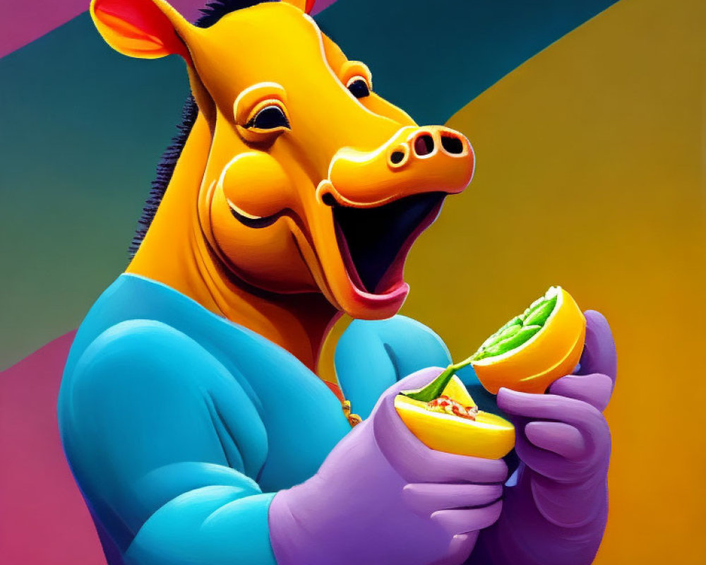 Yellow cow with blue shirt holding green fruit on colorful geometric background