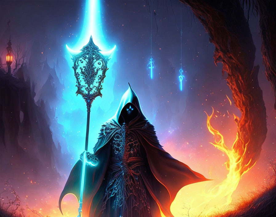 Mysterious robed figure with glowing staff in fiery landscape