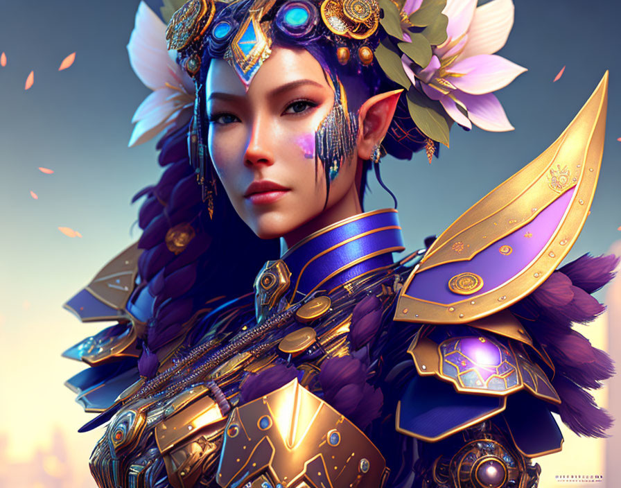 Fantasy female character in golden armor with blue and gold headpiece