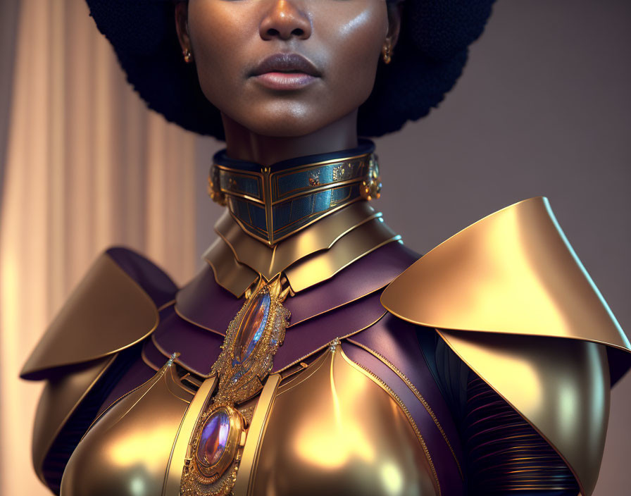 Regal figure in golden and purple chest armor with choker.