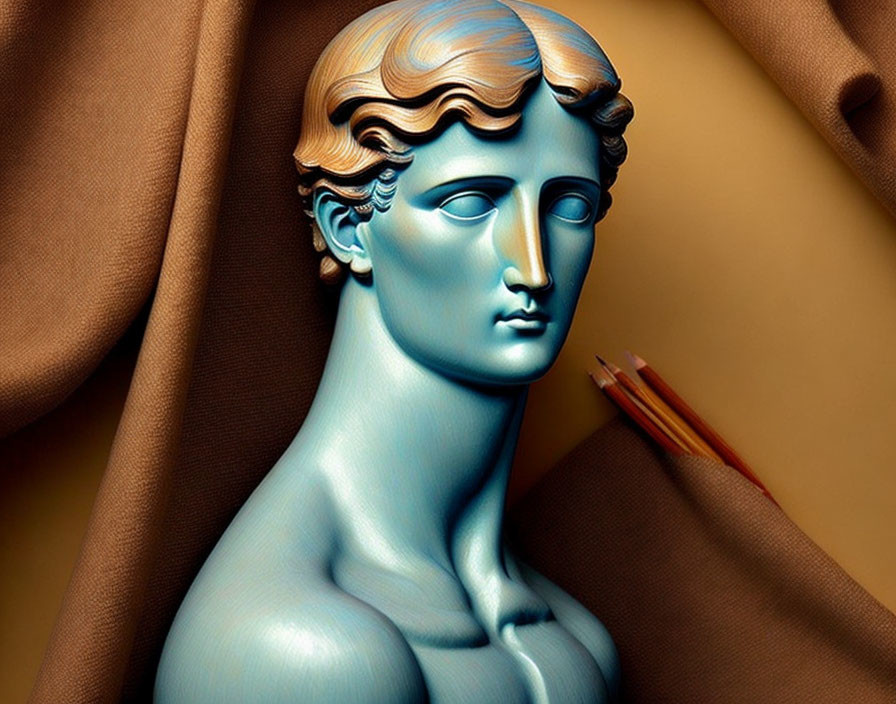 Blue classical sculpture bust with wavy hair on ochre background with pencils