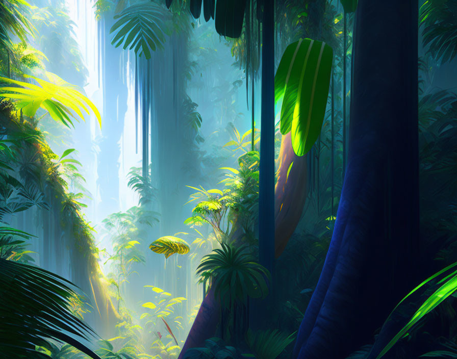 Vibrant jungle scene with sunlight and lush green foliage