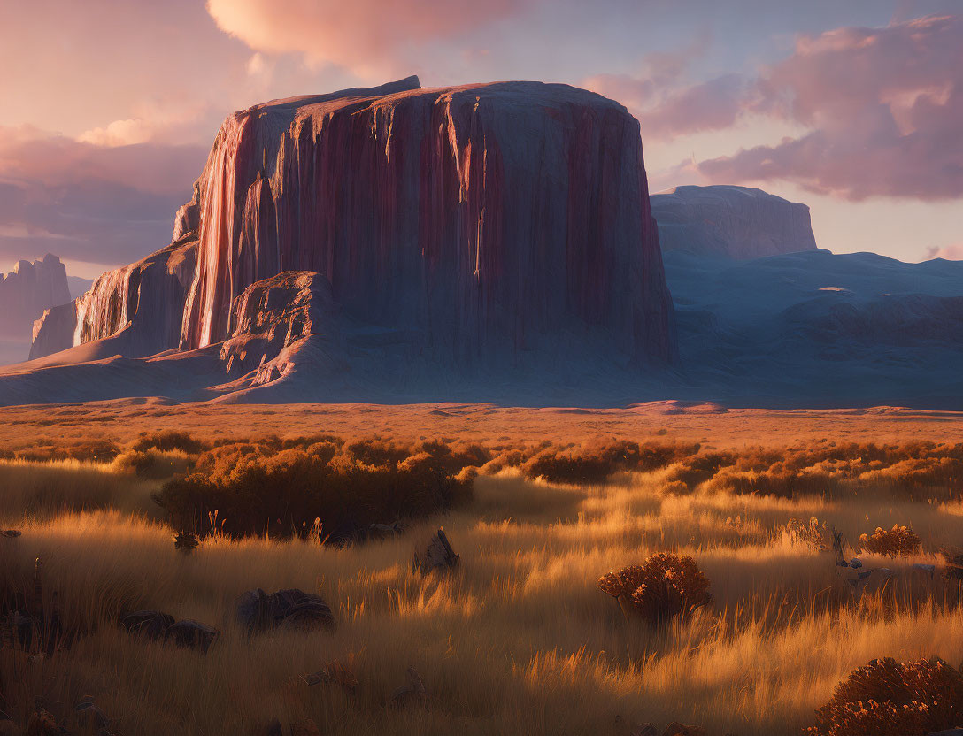 Desert landscape with flat-topped mesa and golden grasses at sunrise or sunset