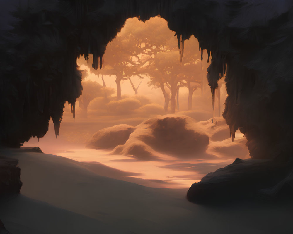 Cave stalactites overlooking forest in warm sunset light