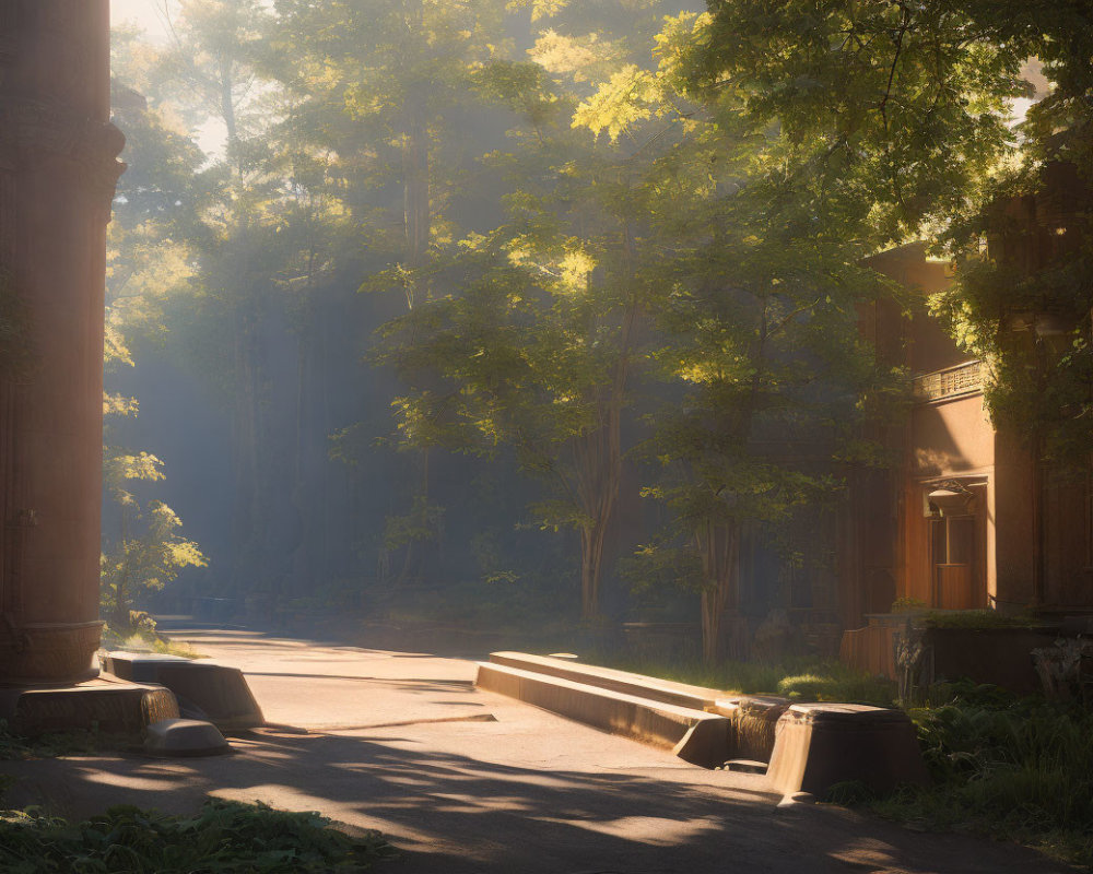 Misty forest scene with sunlight on old building and classical columns