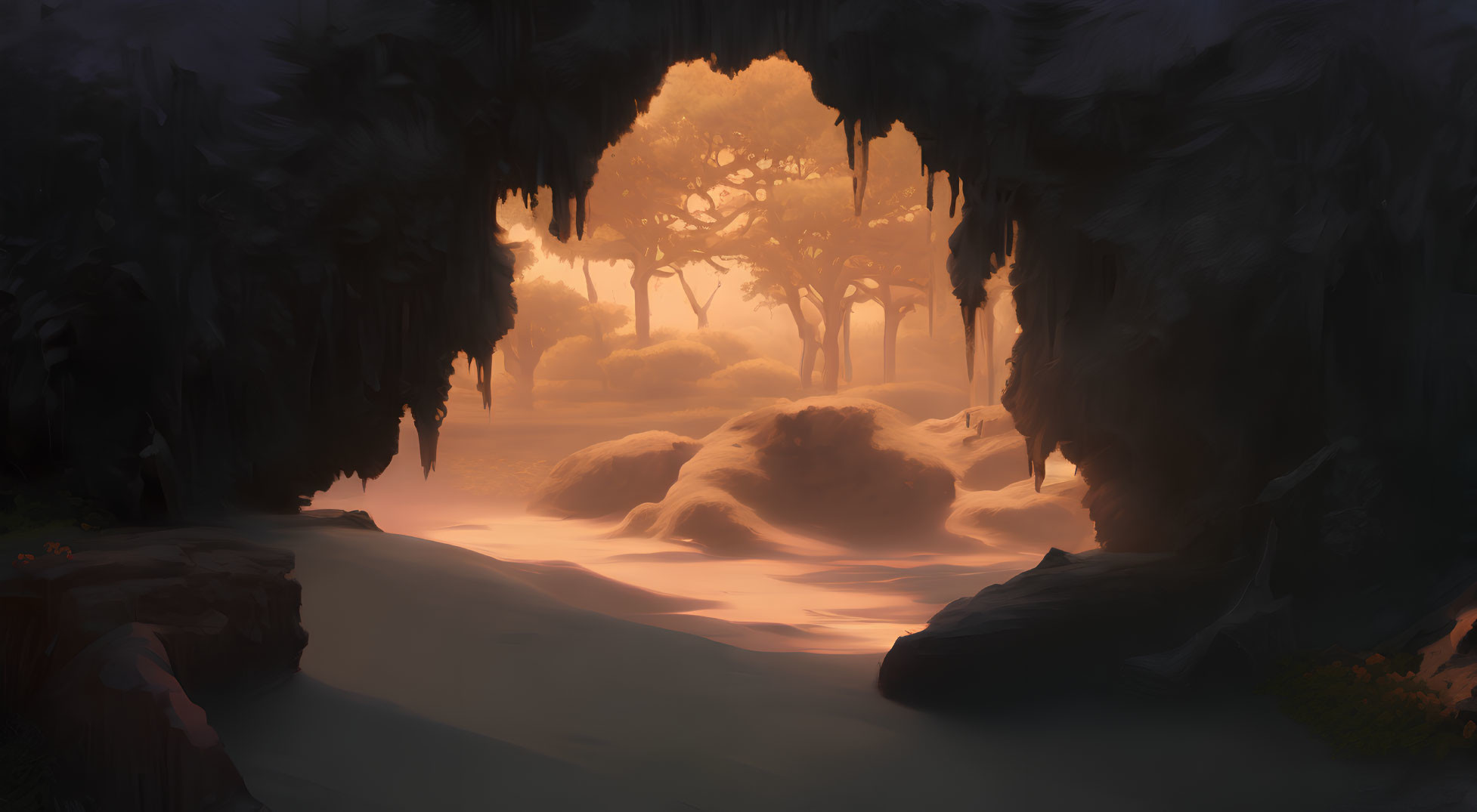 Cave stalactites overlooking forest in warm sunset light