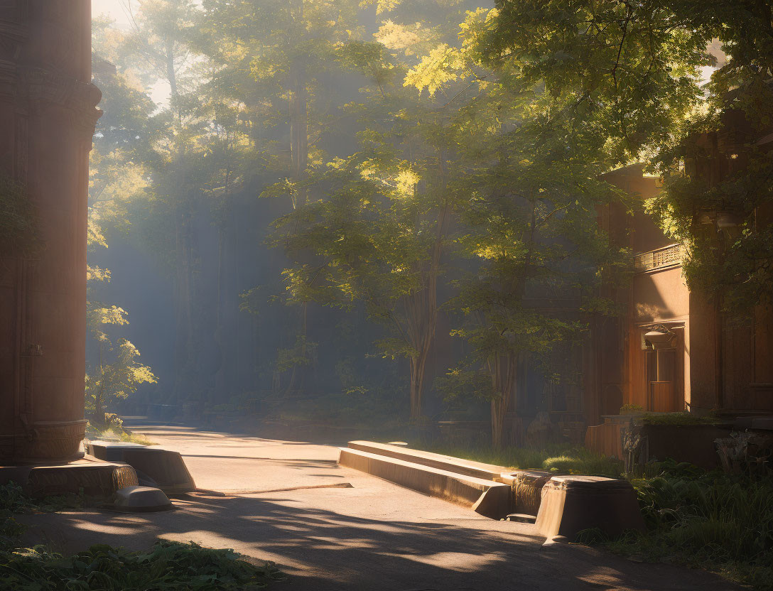 Misty forest scene with sunlight on old building and classical columns