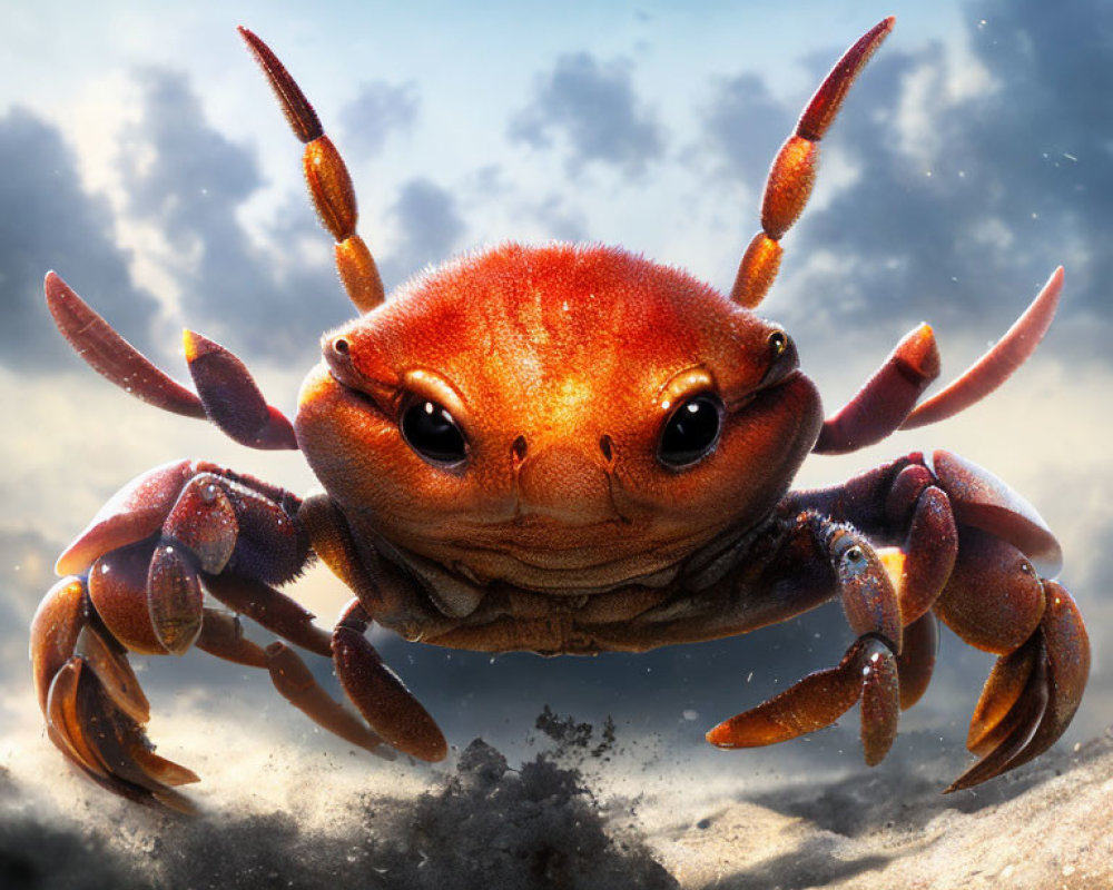 Expressive-eyed orange crab against cloudy sky