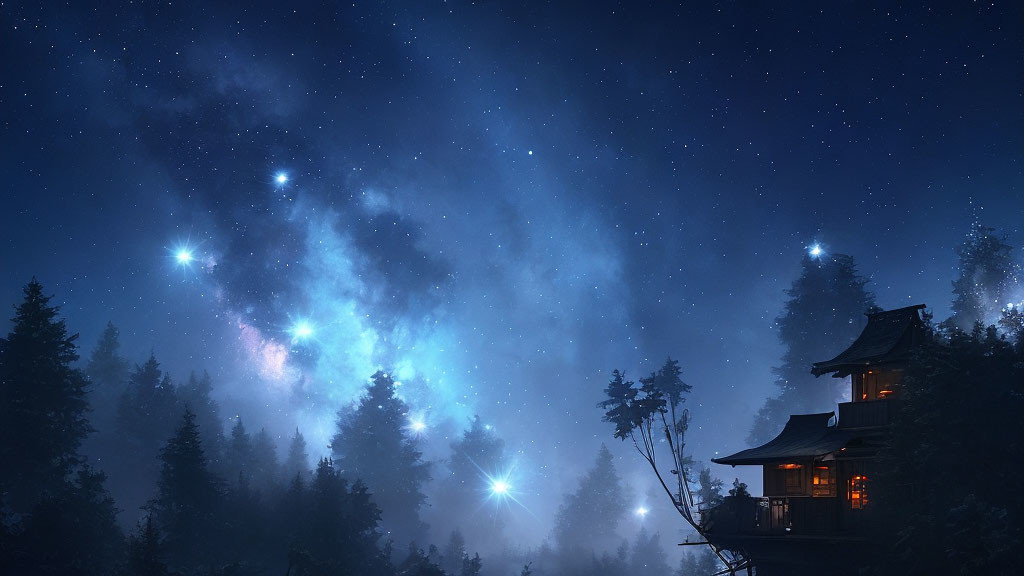 Starry night scene with silhouetted trees and traditional house