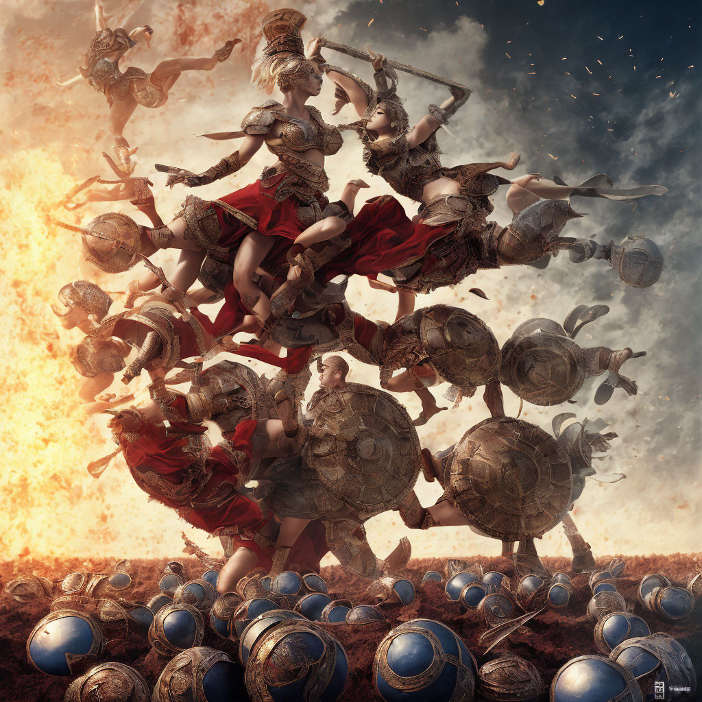 Epic Spartan battle scene with swords and shields in the air