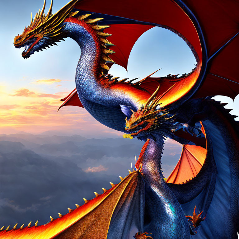 Blue and Orange Dragon on Mountain Peak at Sunset