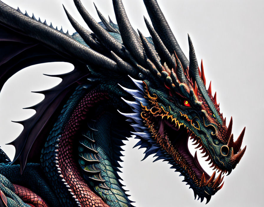 Detailed mythical dragon illustration with sharp scales and red eyes