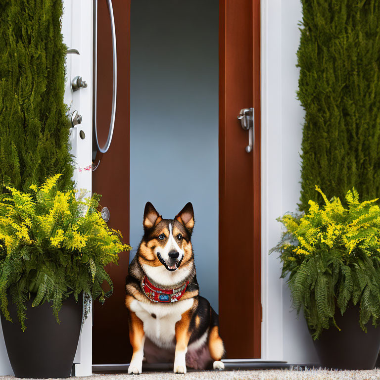 Smiling tricolor Corgi dog with red collar at open door with green plants