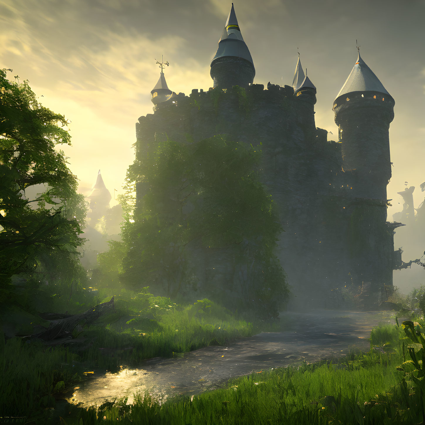 Majestic castle surrounded by lush greenery at sunrise