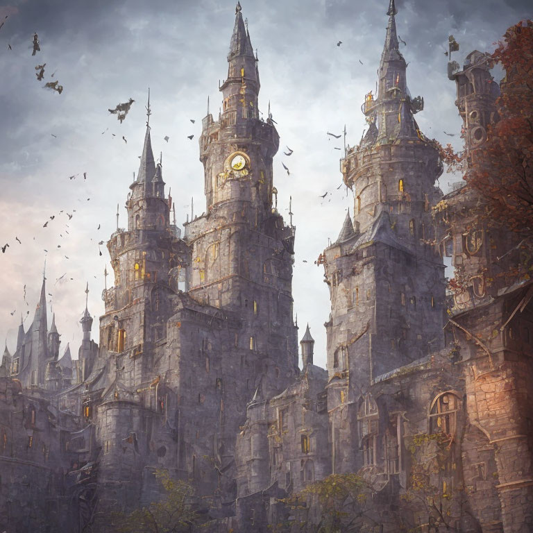 Fantasy castle with clock tower in autumn twilight