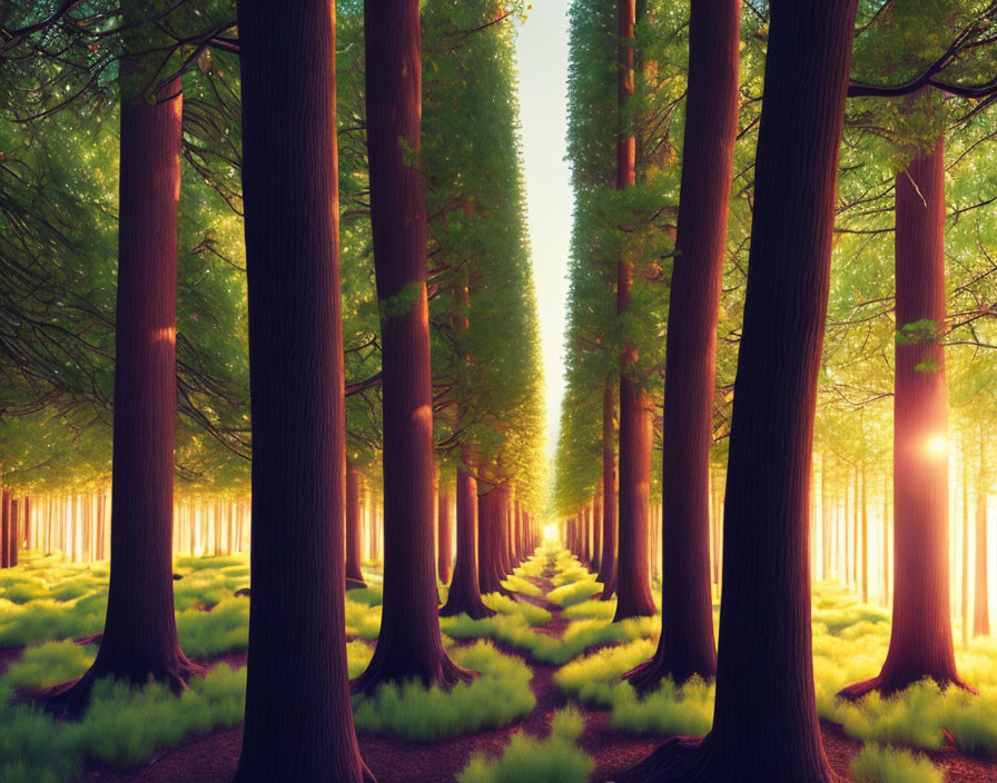 Symmetrical forest with warm sunlight and lush greenery