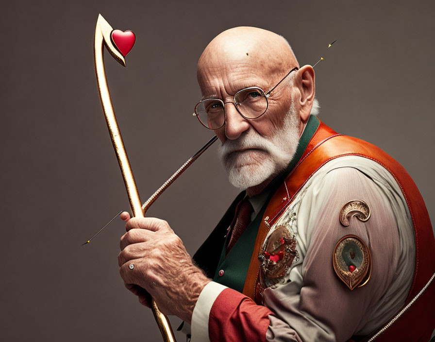 Elderly man with white beard as Cupid with bow and arrow