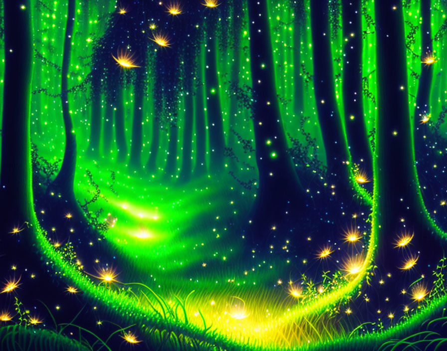 Enchanting Green Forest with Glowing Fireflies and Light Beams